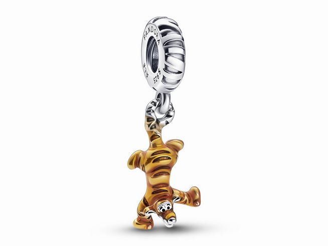 Charm-Anhänger von Pandora mit Tigger aus Winnie Puuh, aus Sterling Silber und transparentem orangefarbenem Emaille, fröhlich in dynamischer Pose.