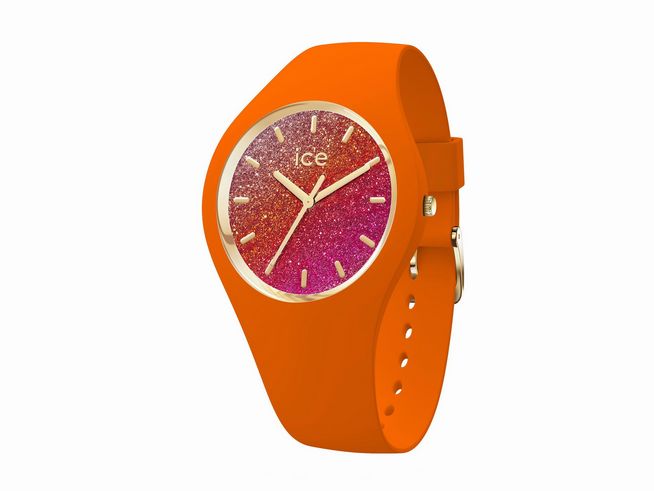 Ice Watch Uhr 022574 ICE glitter Orange Summer Small mit einem leuchtend orangenen Silikonarmband und einem farbenfrohen Zifferblatt in Pink- und Rottönen, ideal für den Sommer.