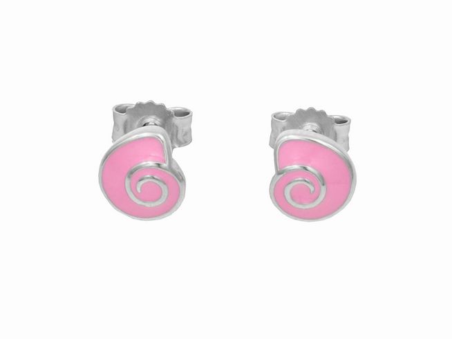 Ohrstecker Ohrringe Muschel aus glänzendem rhodiniertem Sterling Silber mit rosa Lack, geeignet für Kinder, Hersteller Juwelier Harnisch.