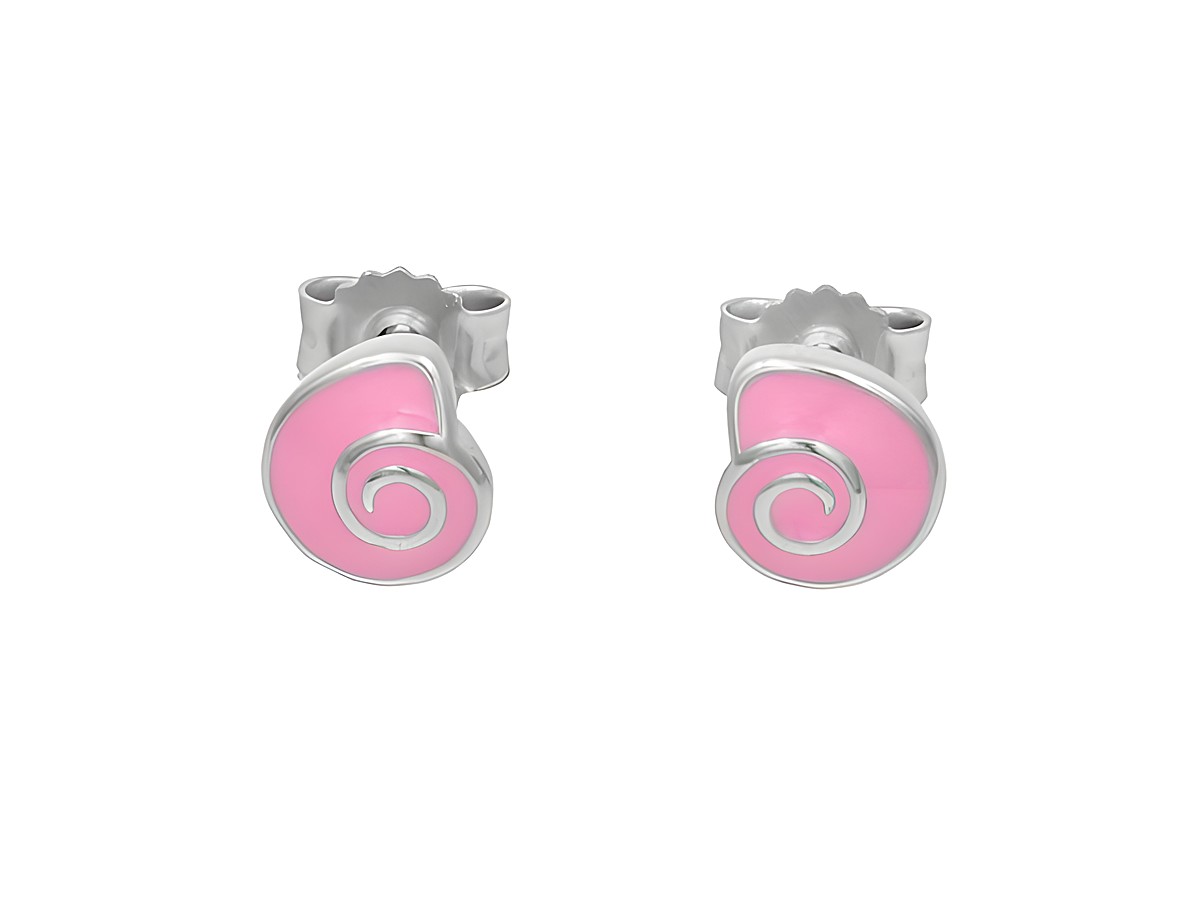 Ohrstecker Ohrringe Muschel aus glänzendem rhodiniertem Sterling Silber mit rosa Lack, geeignet für Kinder, Hersteller Juwelier Harnisch.