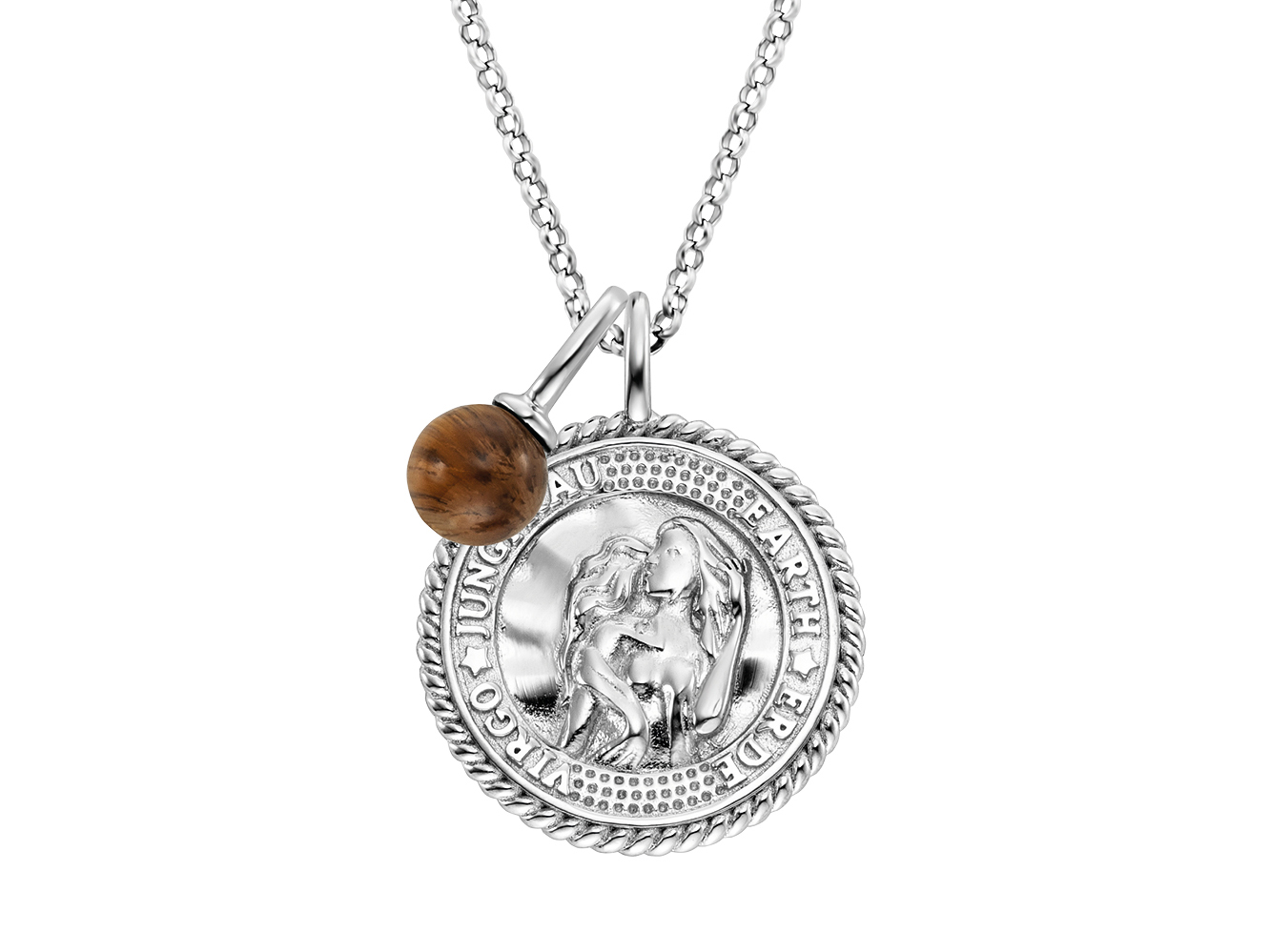 Kette aus Silber mit rhodiniertem Anhänger, verziert mit einem Tigerauge und zirkonia. Der Anhänger zeigt ein Symbol des Sternzeichens Jungfrau, besonders elegant gestaltet.