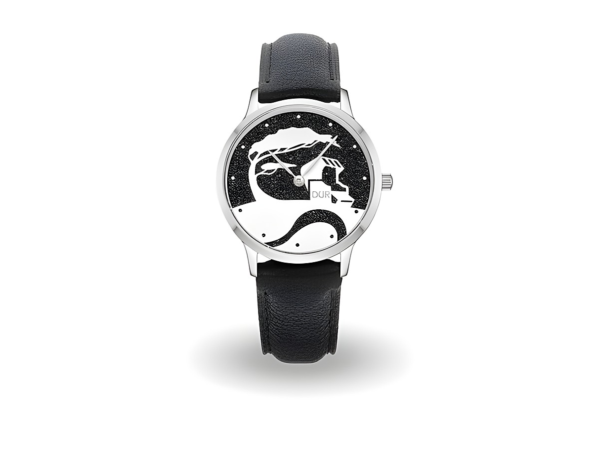DUR Uhr Küste Lavasand DW015 aus Edelstahl mit 40 mm Gehäuse, schwarzes Lederband und minimalistisches Design mit stilisierter Wellen- und Berggrafik auf dem Zifferblatt.