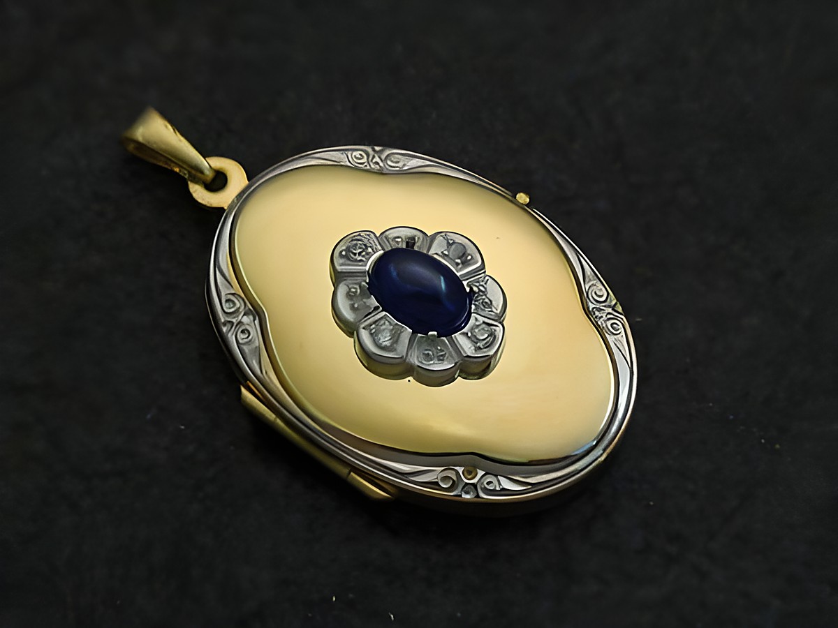Medaille aus Gold 333 bicolor mit einem blauen Cabochon-Saphir, umgeben von Brillanten. Hersteller Juwelier Harnisch. Elegantes Schmuckstück für besondere Anlässe.