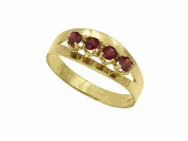 48109-0 Gelbgold Ring Design Gelbgold 333 mit drei roten Granaten, Größe 53, Hersteller Juwelier Harnisch, bis Größe 52/17. Elegantes Schmuckstück mit Halb- und Mattierungseffekten.