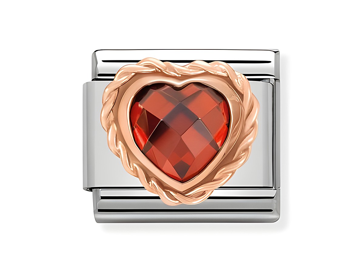 NOMINATION 430602 05 - CLASSIC Roségold Zirkonia ROT zeigt einen herzförmigen, facettierten roten Zirkonia in einer eleganten Roségoldfassung, umgeben von einem silbernen Band.