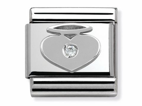 433030304-0 Edelstahl Zirkonia und Sterling Silber Charm mit Herz und Engel Motiv von Nomination Silvershine, versehen mit einem funkelnden Zirkonia in der Mitte.