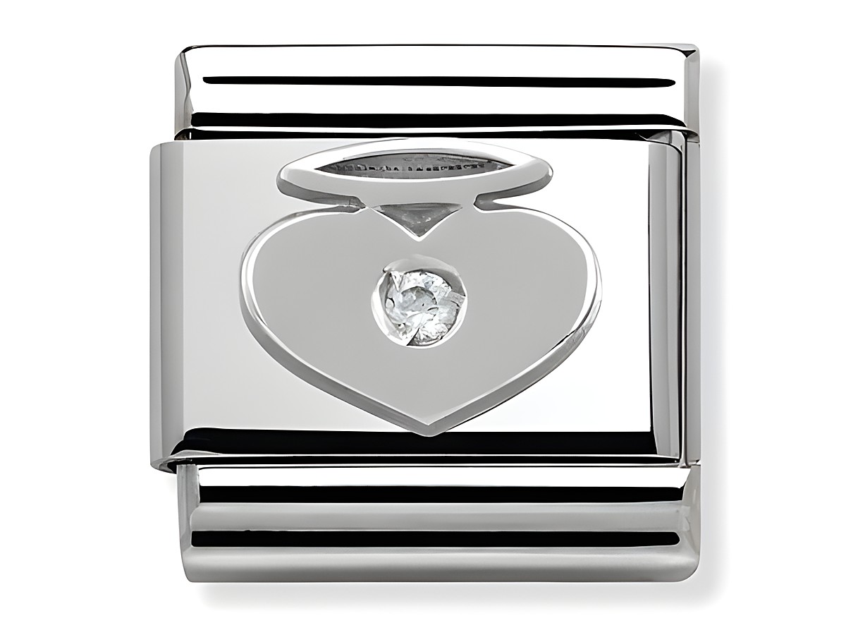 Edelstahl Zirkonia und Sterling Silber Charm mit Herz und Engel Motiv von Nomination Silvershine, versehen mit einem funkelnden Zirkonia in der Mitte.