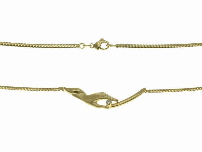 Collierkette mit Mittelteil aus 585 Gelbgold, handgearbeitet, mit einem Brillant von 0,05 ct W si, Länge 42 cm, Hersteller Juwelier Harnisch, elegantes Design in Form einer Hand.