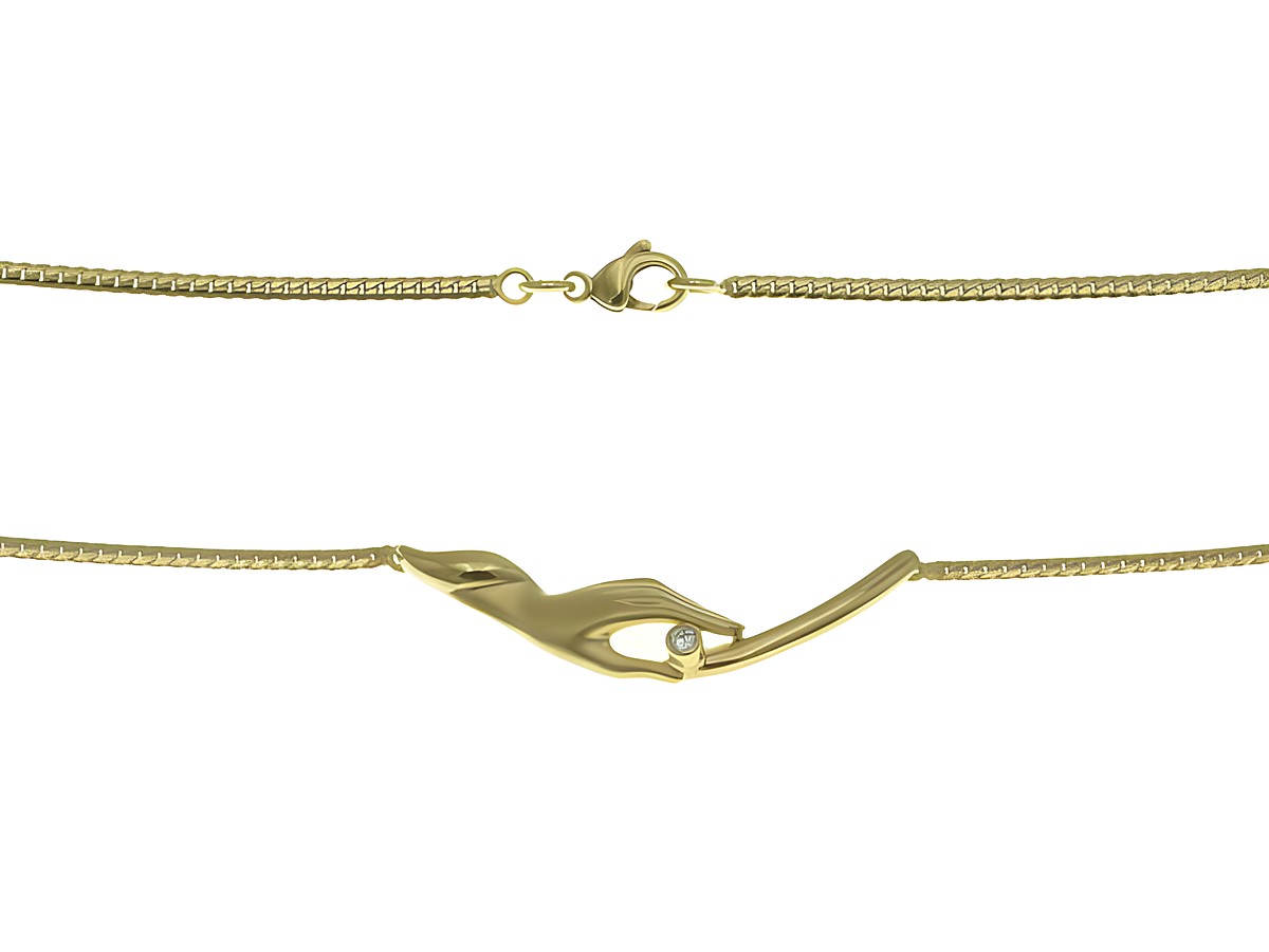 Collierkette mit Mittelteil aus 585 Gelbgold, handgearbeitet, mit einem Brillant von 0,05 ct W si, Länge 42 cm, Hersteller Juwelier Harnisch, elegantes Design in Form einer Hand.