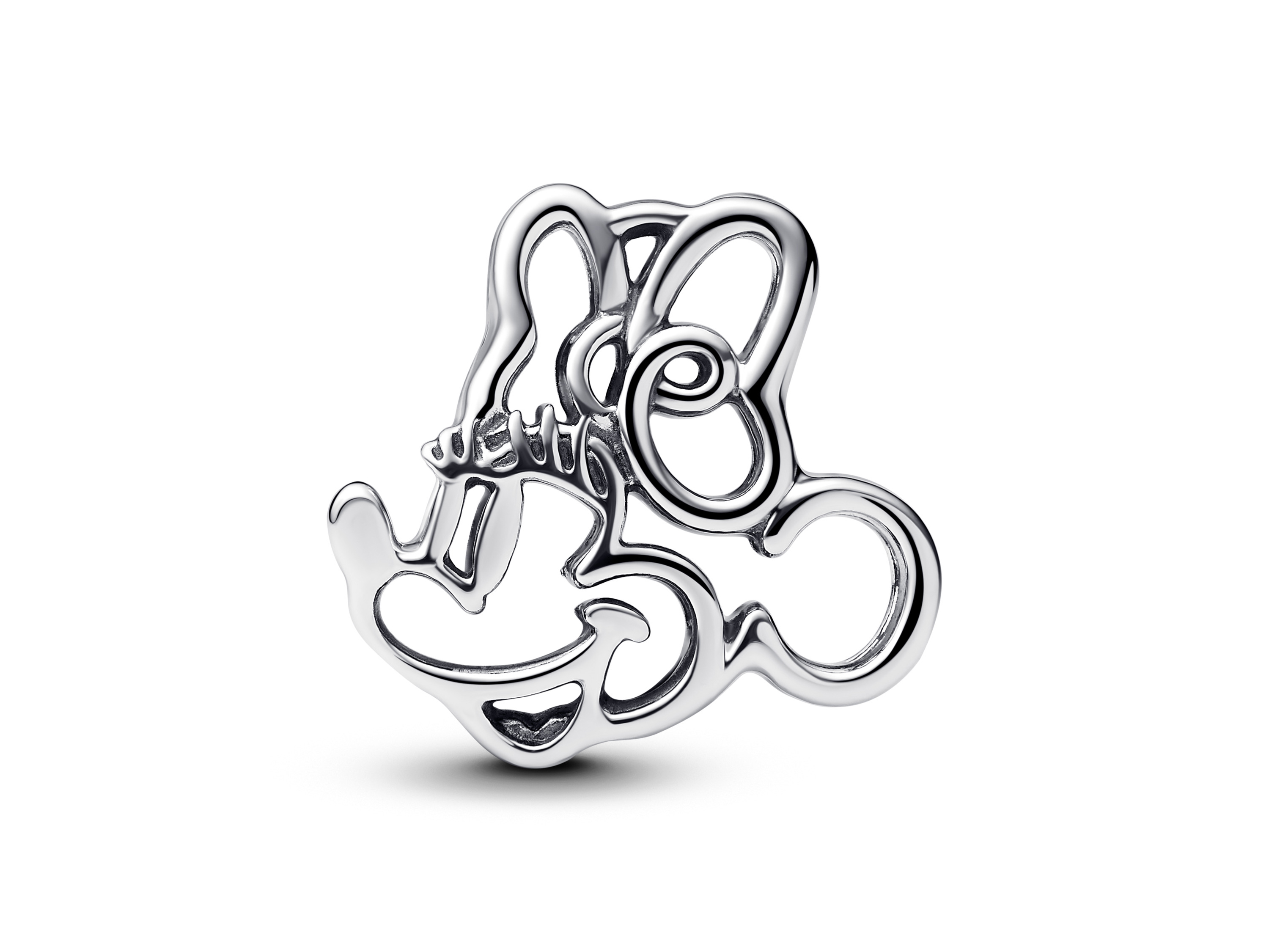 Sterling Silber Charm von Pandora in Form von Disney Minnie Mouse, charakteristisch und verspielt gestaltet, ideal für Schmuckliebhaber und eine besondere Ergänzung für jedes Armband.