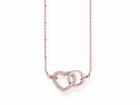 Schlichte Kette von Thomas Sabo in Silber rosé mit zwei ineinandergeschlungenen Herzen, besetzt mit funkelnden Steinen, erhältlich in den Längen 45, 47,5 und 50 cm.