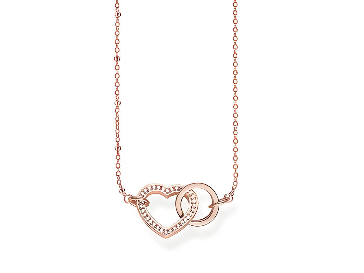 Schlichte Kette von Thomas Sabo in Silber rosé mit zwei ineinandergeschlungenen Herzen, besetzt mit funkelnden Steinen, erhältlich in den Längen 45, 47,5 und 50 cm.