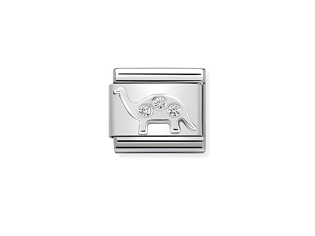 Ein silberner Charm mit dem Motiv eines Brontosaurus, verziert mit drei funkelnden Steinen, von der Marke Nomination, SilverShine. Ideal für eine modische Ergänzung.
