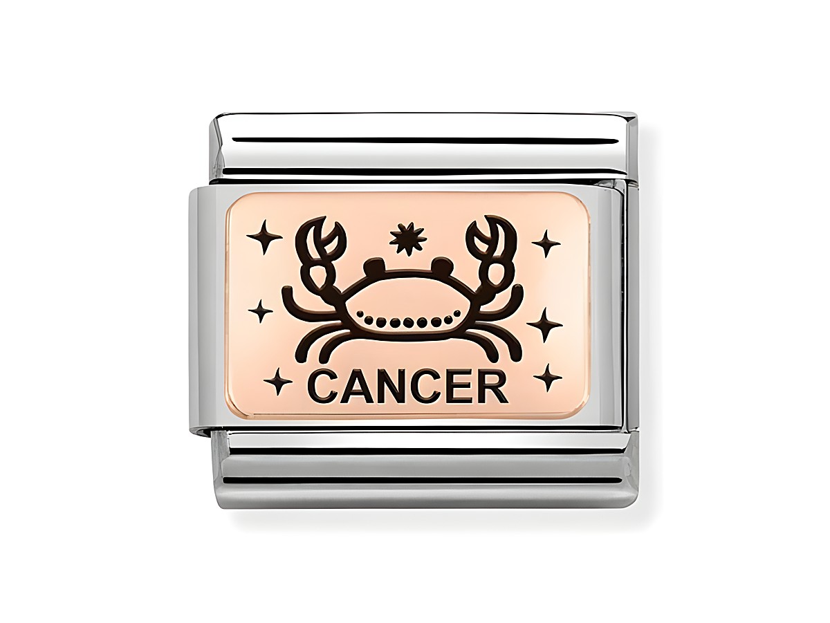 Edelstahl Roségold Charm von Nomination mit dem Sternzeichen Krebs, zeigt ein stilisiertes Krabbentier und das Wort CANCER umgeben von Sternen. Ideal für eine persönliche Schmuckkollektion.