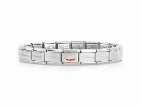 Armband aus Edelstahl von Nomination, versehen mit einem goldenen Charme in Form einer Geburtstagstorte, ideal als Geschenk oder für besondere Anlässe, Teil des Startersets Classic.