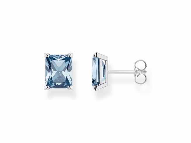 Ohrstecker aus Sterling Silber mit synthetischem blauen Spinell in rechteckiger Form, Maße 9 x 11 mm, elegantes Design und zeitloser Stil von Thomas Sabo.