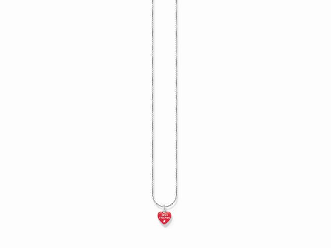 Silberne Kette von Thomas Sabo mit rotem Herzanhänger mit der Inscription Best Friends, verstellbar von 38 bis 45 cm, ideal als Freundschaftsgeschenk.