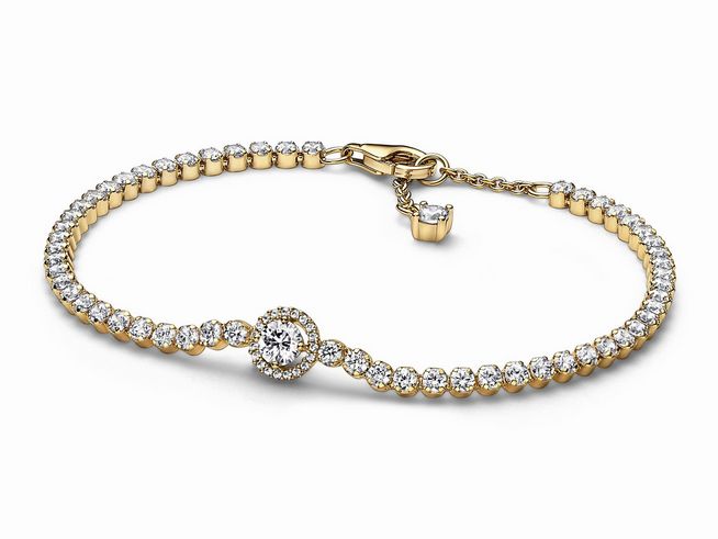 Funkelndes Pandora Armband in Gelbgold Vergoldung mit Zirkonia-Steinen, zentraler funkelnder Kranz und einstellbarem Verschluss, 18 cm Länge, ideal für einen eleganten Look.