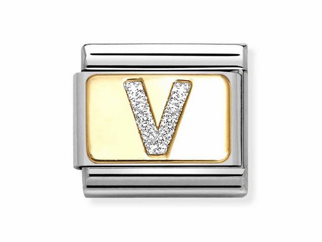 Buchstabe V aus Silber-Glitzer und Gelbgold in hochwertiger Emaille auf einem Edelstahl Hintergrund, perfekt für individuelle Armbänder von Nomination.