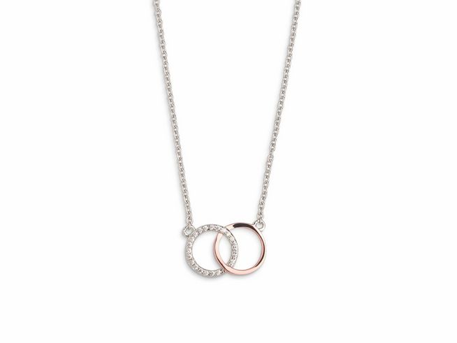 Xenox Sterling Silber Kette XS2924R in 40-45 cm mit Ankerkette, präsentiert zwei ineinandergreifende Ringe, einer vergoldet in Roségold und der andere mit glitzernden Elementen.