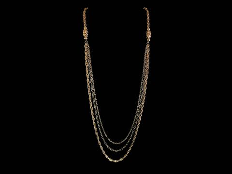 63723-0 Lange Kette XXL vergoldet in drei Reihen, angedeutete Anker- und Doppelanker-Detail, Kordel-Design, 97 cm lang, Hersteller Juwelier Harnisch, stilvoll und elegant.