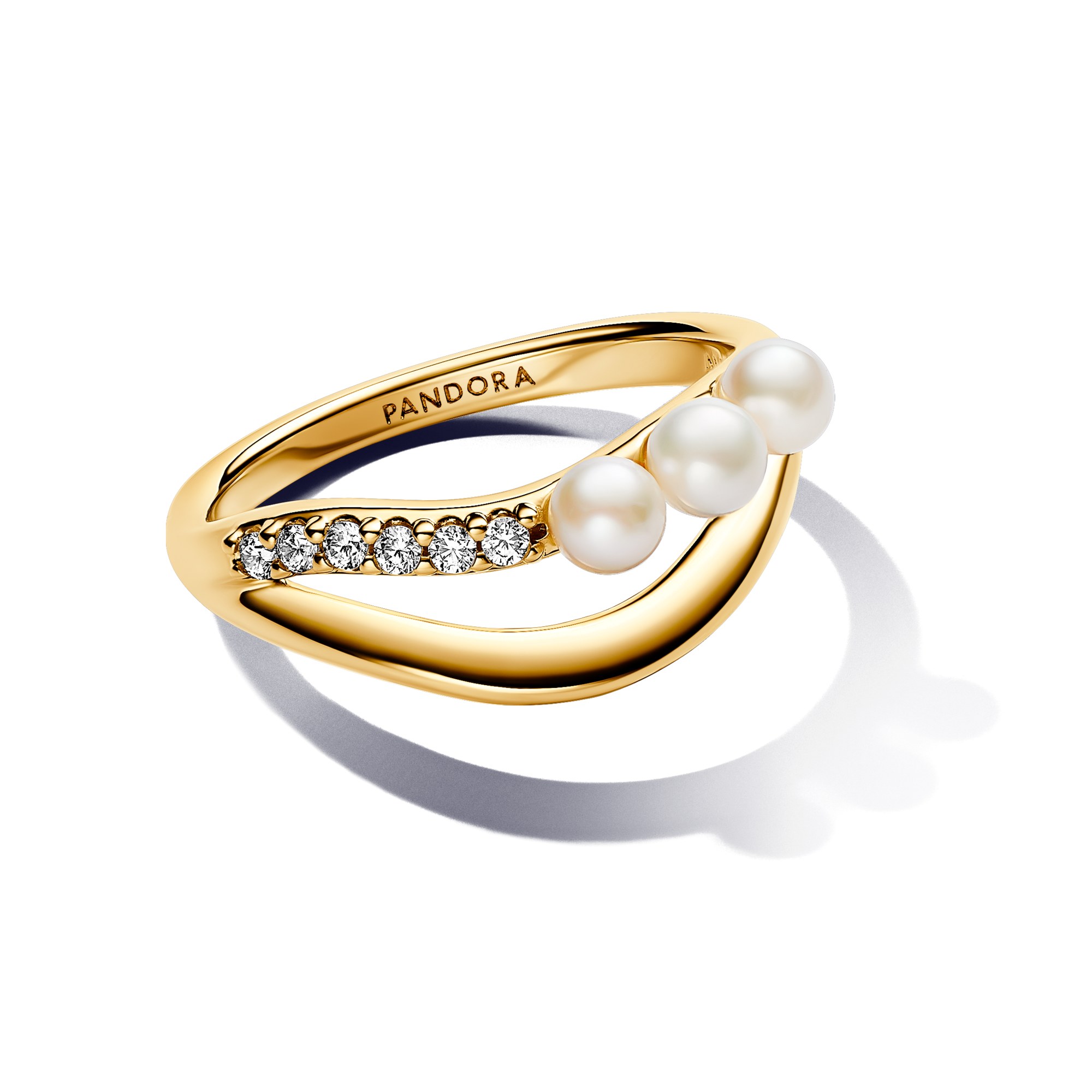 Pandora ESSENCE Süßwasserzuchtperle & organisch geformter Doppelband-Ring - Gelbgold verg. - Steine – Ansicht 3