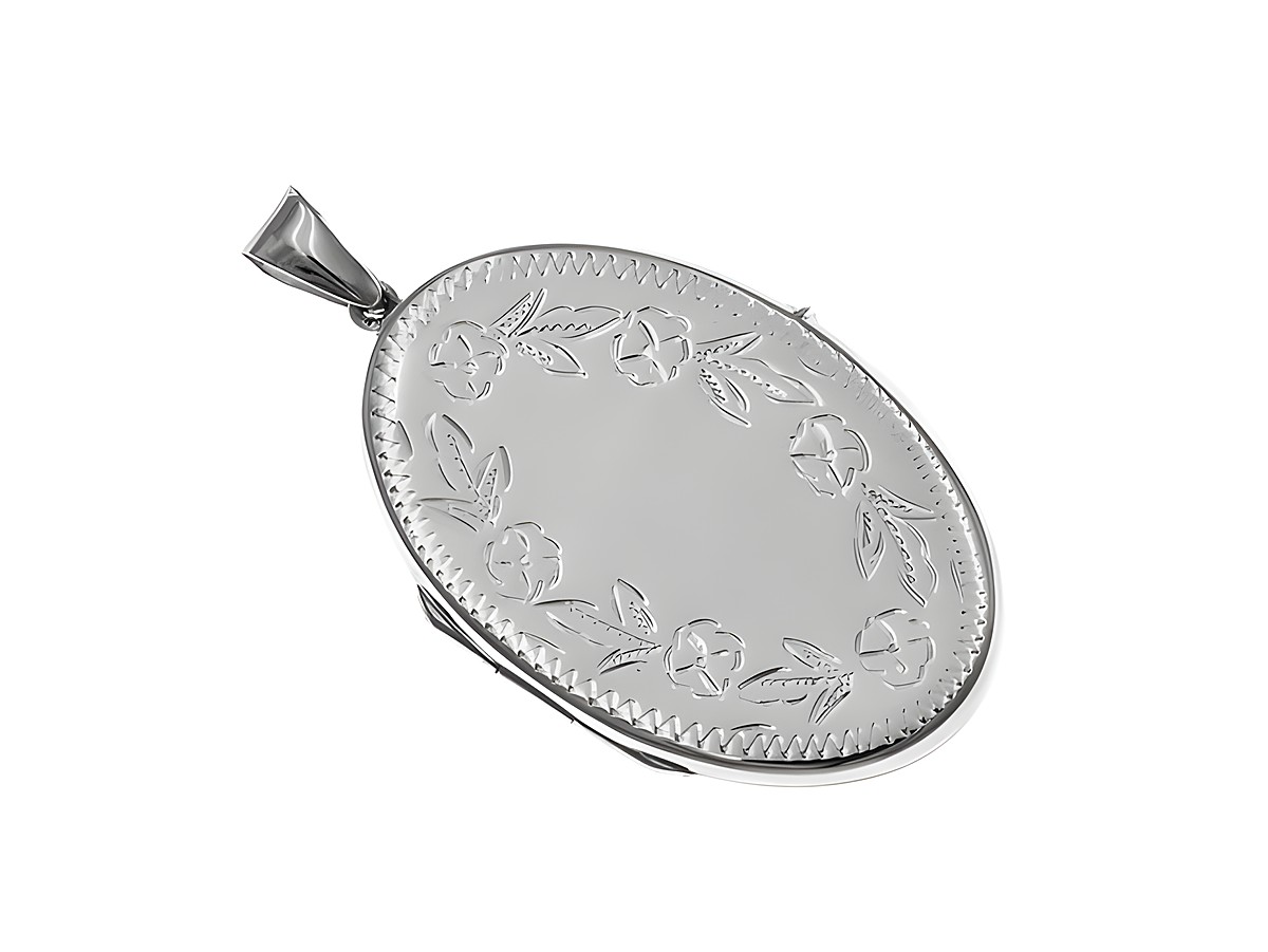 Ovales Medaillon mit floralem Muster aus Sterling Silber, Durchmesser 50 mm, hergestellt von Juwelier Harnisch. Ein elegantes Schmuckstück mit dekorativen Details.