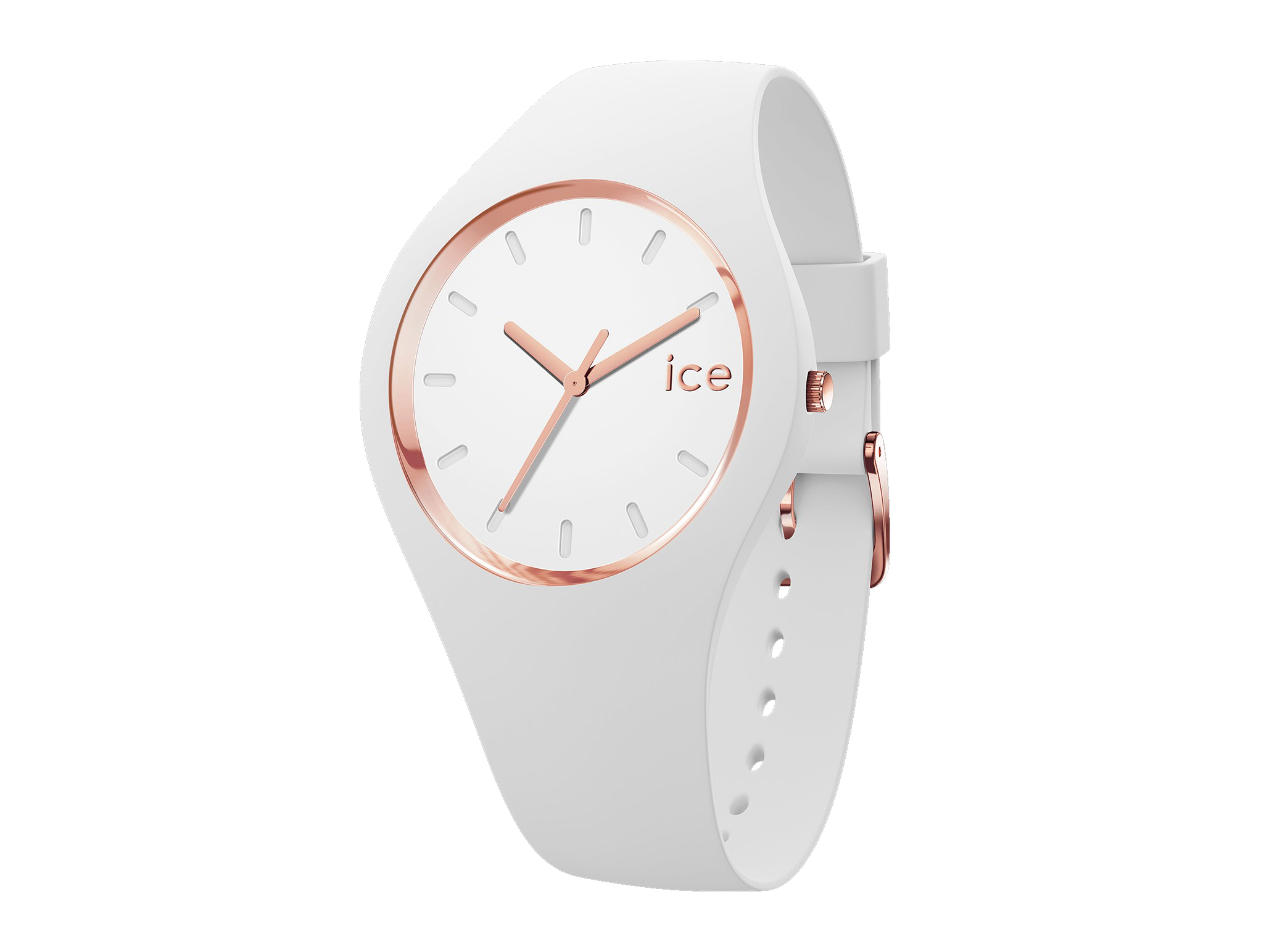 Die Ice Watch 024522 ICE glam in Weiß mit einem rosegoldenen Zifferblatt und Zeigern präsentiert sich elegant und modern. Die Uhr hat ein schlichtes Design und einen flexiblen Silikonarmband.
