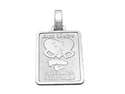 Silber Anhänger mit dem Motiv Aus Liebe rauche ich nicht mehr, gefertigt vom Juwelier Harnisch, zeigt ein lächelndes Herz und eine aufsteigende Rauchwolke.