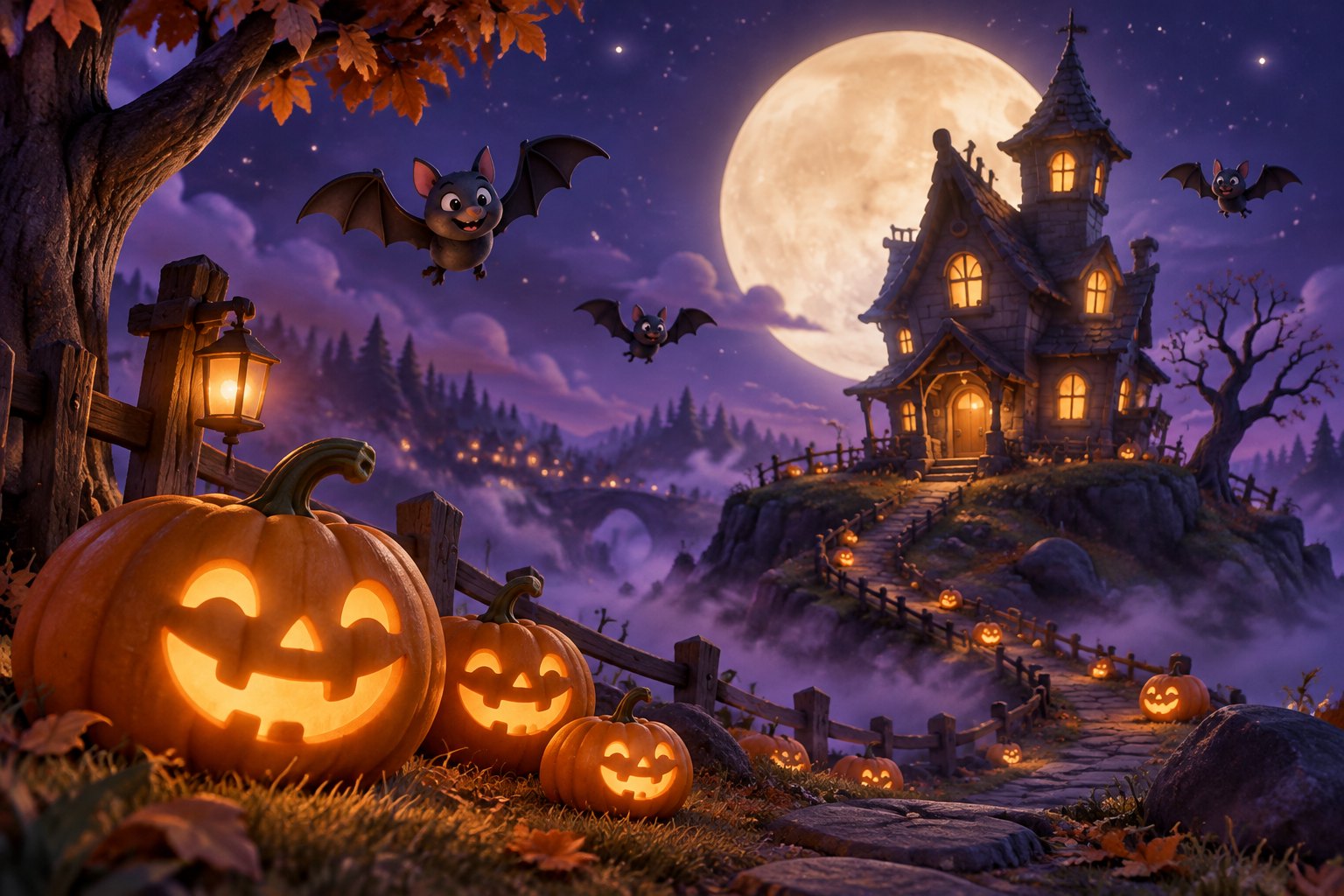Illustration: Spukhaus unter Vollmond mit Kürbissen und Fledermäusen