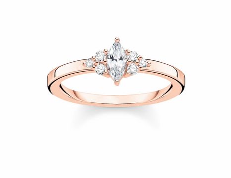 Ring von Thomas Sabo TR2325-416-14-56 in Größe 56 aus Silber und Roségold mit klaren Zirkonia-Steinen in marquise und rundem Schliff. Elegant und glänzend.