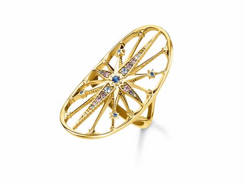 Der Thomas Sabo Ring Größe 52 TR2223-959-7-52 aus der Glam & Soul Kollektion ist oval, golden und filigran gearbeitet, verziert mit bunten Zirkonia-Steinen in verschiedenen Formen.