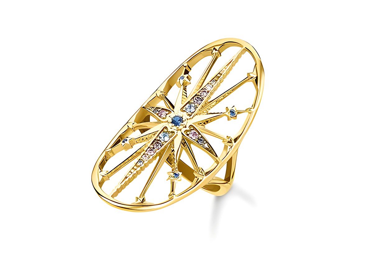 Der Thomas Sabo Ring Größe 52 TR2223-959-7-52 aus der Glam & Soul Kollektion ist oval, golden und filigran gearbeitet, verziert mit bunten Zirkonia-Steinen in verschiedenen Formen.