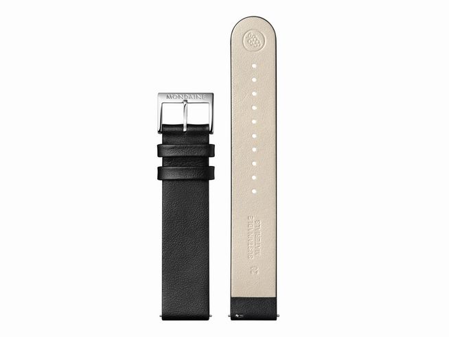 Mondaine Uhren Lederarmband FGM.3120.20Q.K aus schwarzem veganem Traubenleder mit einer Breite von 20 mm, zeigt eine elegante Gestaltung mit einem klassischen Schnallenverschluss.