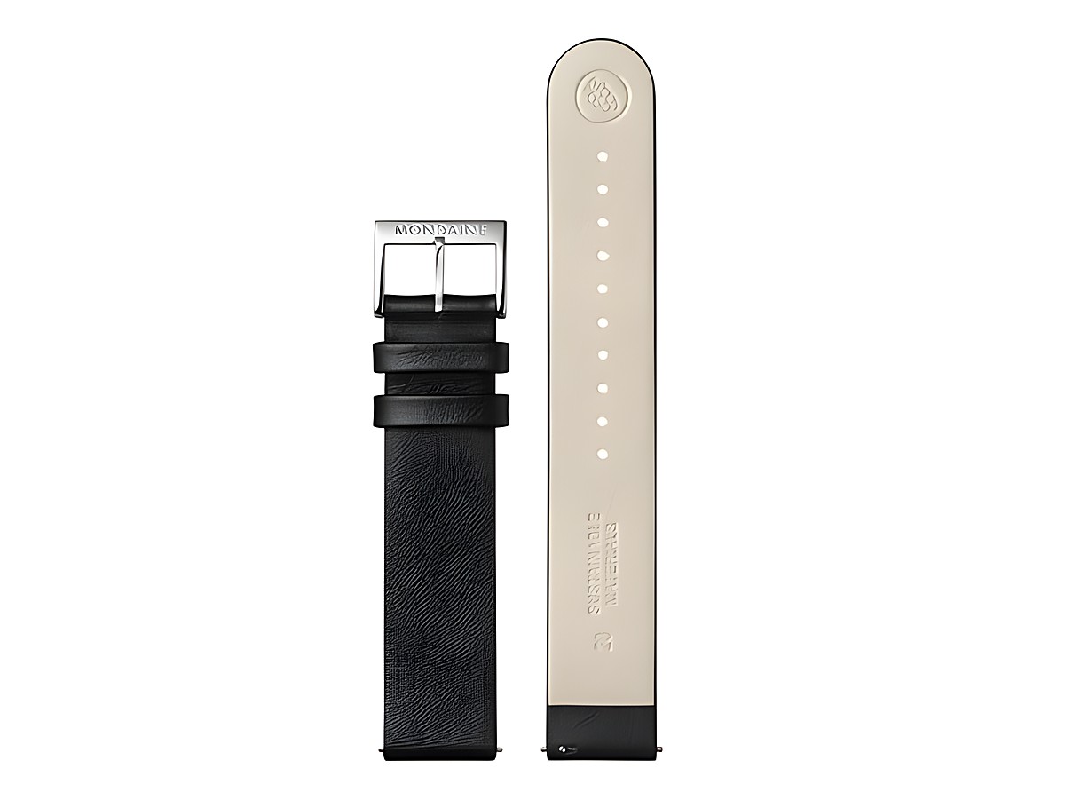 Mondaine Uhren Lederarmband FGM.3120.20Q.K aus schwarzem veganem Traubenleder mit einer Breite von 20 mm, zeigt eine elegante Gestaltung mit einem klassischen Schnallenverschluss.