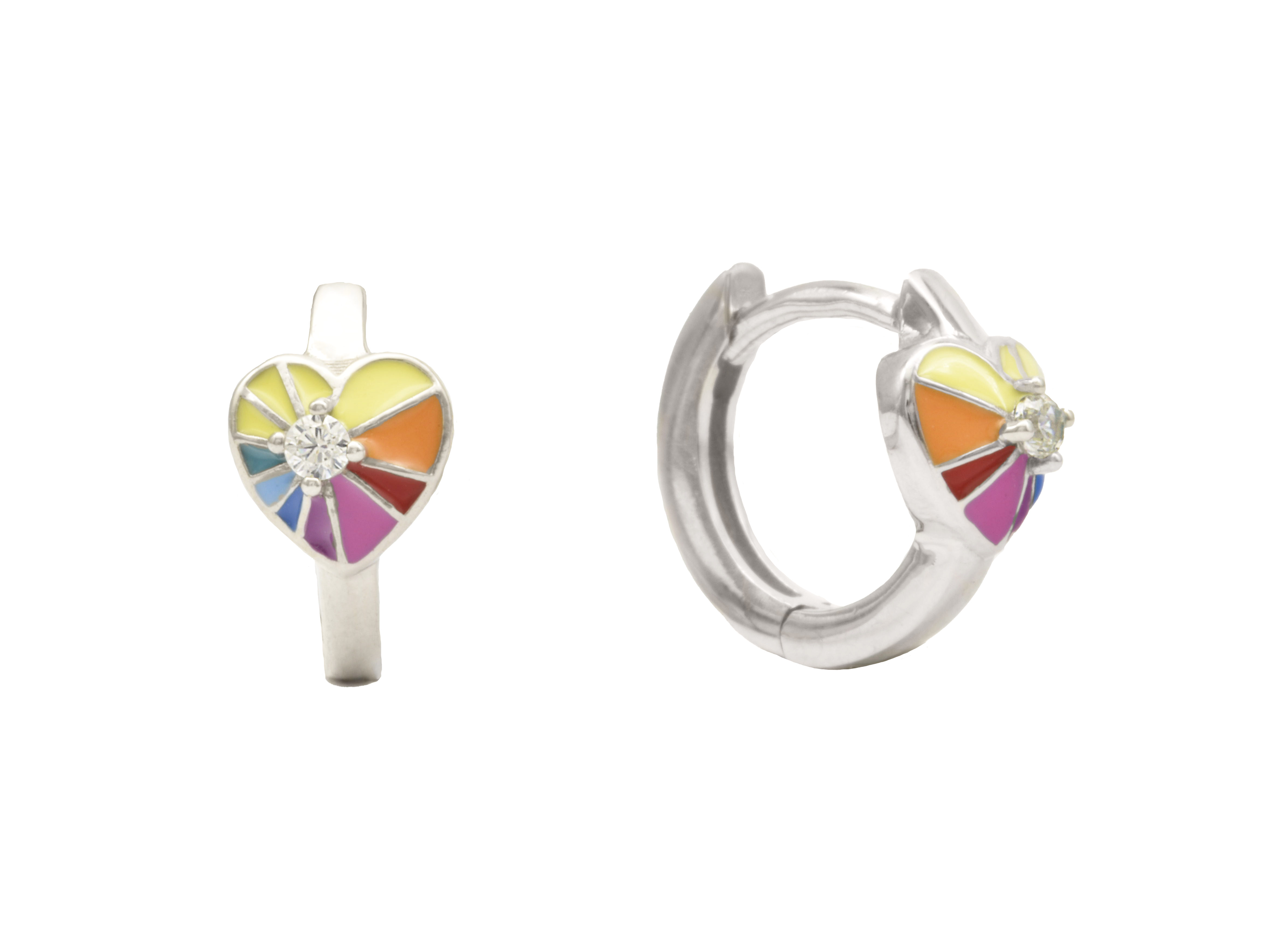 Creolen Herz Kinderschmuck aus Sterling Silber 925, rhodiniert und poliert. Buntes Design mit Zirkonia-Beschmuck, ideal für Kinder. Hersteller Juwelier Harnisch.