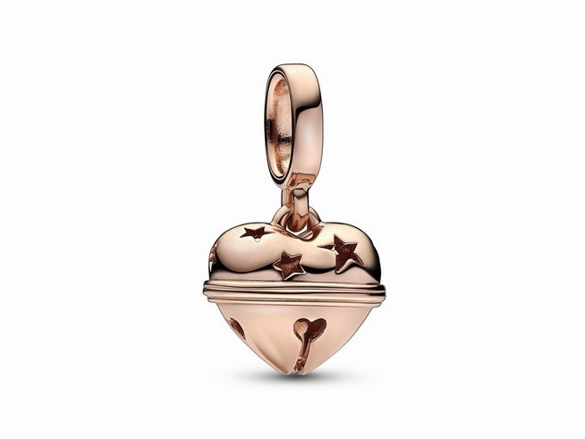Pandora Glocke Glöckchen 782376C00 in Roségold Vergoldung, schlichte Herzform mit Sternen- und Herzdesign, eleganter Charme für dezente Schmuckstücke.