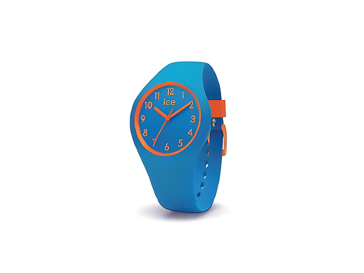 ICE ola kids Robot Small 014428 in blau orange, mit einem blauen Silikonarmband und einem Zifferblatt in der gleichen Farbgestaltung, ideal für Kinder. Hersteller Ice watch.