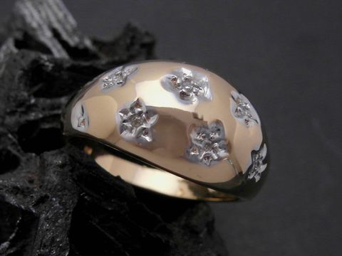 Gold Ring modisch aus Gold 750 bicolor mit Diamantbesatz, Goldring Größe 58, Hersteller Juwelier Harnisch, elegante Gestaltung mit floralen Elementen.