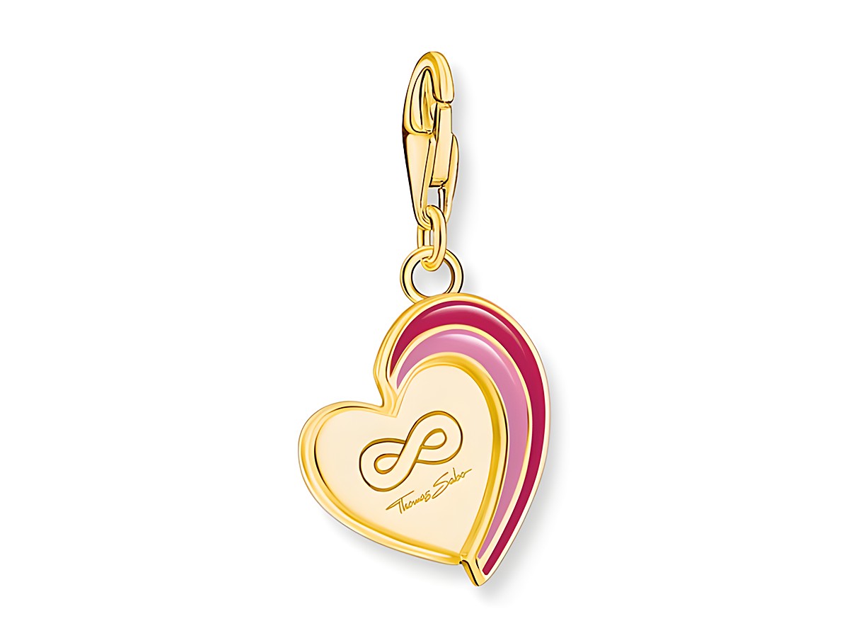 Doppel Charm-Anhänger von Thomas Sabo in Herzform mit Gelbgoldveredelung und roten Kaltemail-Akzenten sowie der Aufschrift Thomas Sabo, ideal für beste Freunde.
