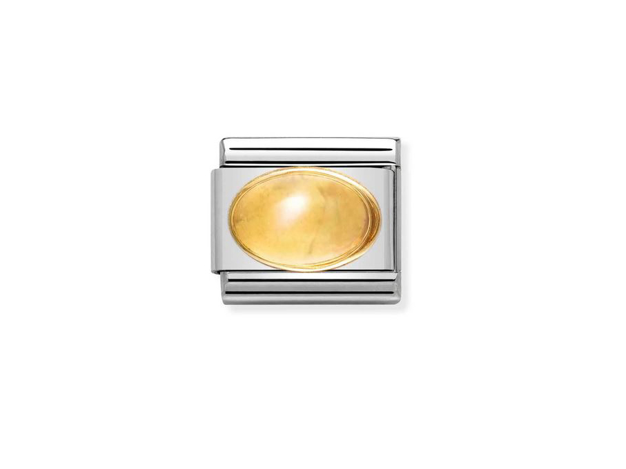 Ein elegantes Schmuckelement von Nomination mit einem ovalen Citrin in warmen Gelbtönen, umrahmt von einem glänzenden, silberfarbenen Rahmen, ideal für individuelle Armbänder.