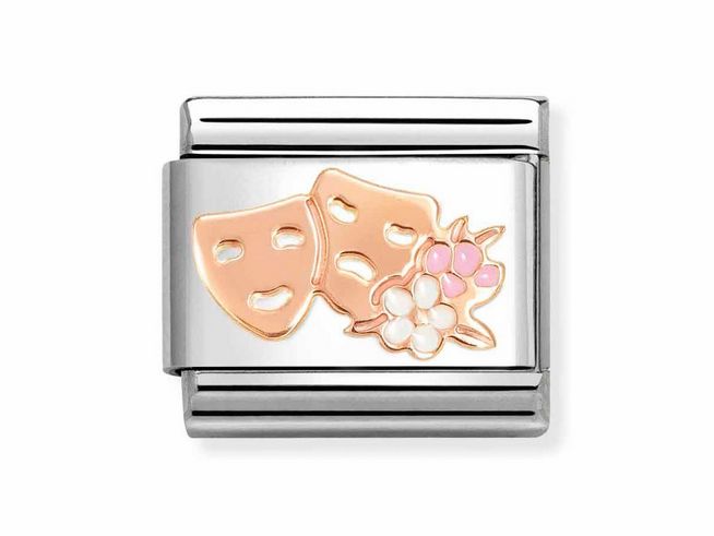 Masken mit Blumen in Roségold und Emaille auf einem silbernen Hintergrund, hergestellt von Nomination, Modell 430202 32.