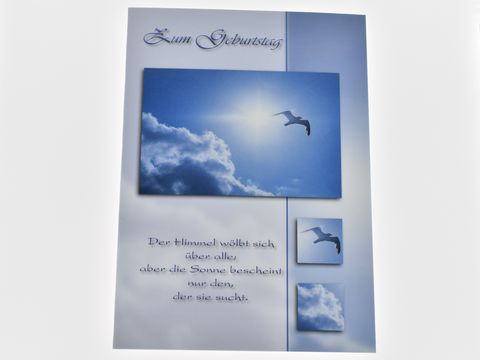 Geburtstagskarte mit einer Möwe vor blauem Himmel und weißen Wolken, gestaltet von Juwelier Harnisch, perfekt für Geburtstagsgrüße.