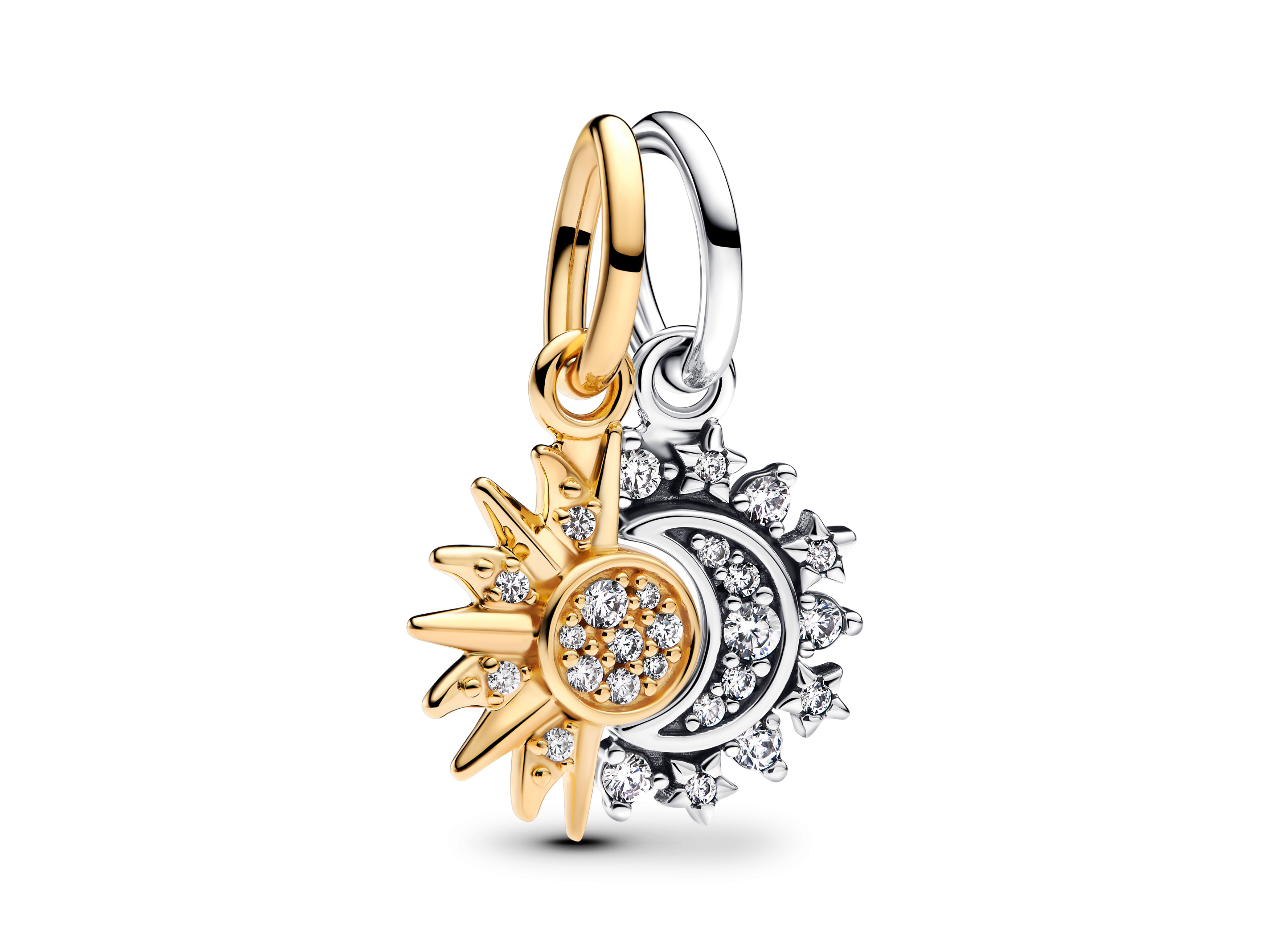Teilbarer Anhänger von Pandora in Silber mit Vergoldung in Form von Sonne und Mond, verziert mit klarem Zirkonia, für ME & moments geeignet.
