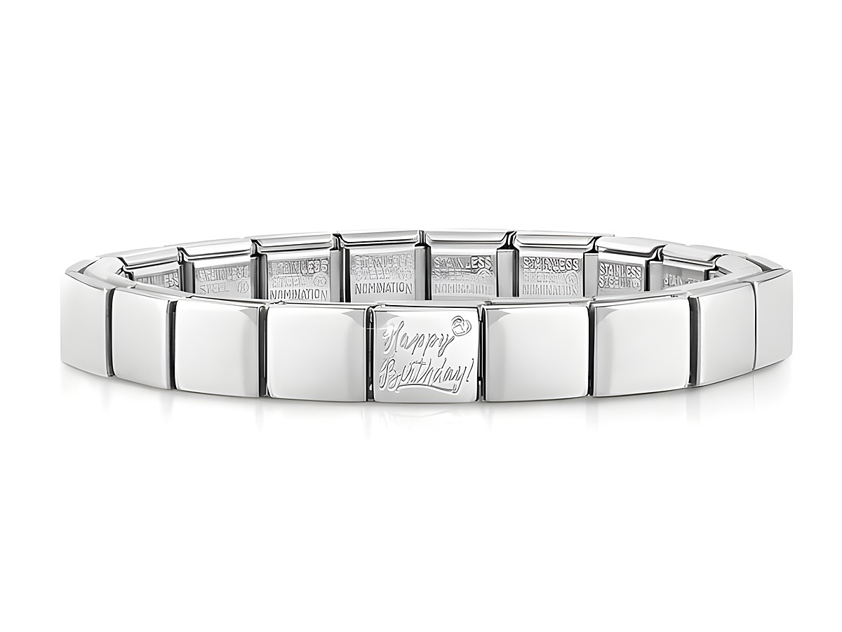 Edelstahl Armband von Nomination mit dem Blickfang Happy Birthday, eine elegante und festliche Geschenkidee für Geburtstagsfeiern, modern und zeitlos gestaltet.