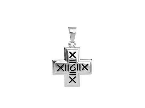 Kreuz Anhänger kunstvoll in schwarz lackiert mit silbernen, rhodinierten Akzenten und einem feinen Muster, Hersteller Juwelier Harnisch.