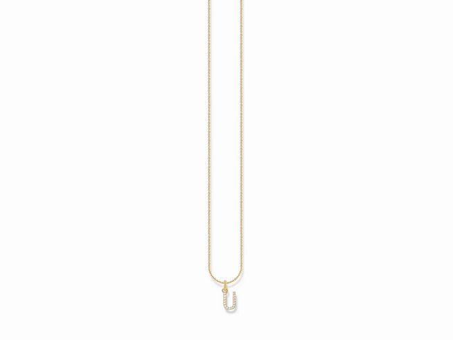 Kette von Thomas Sabo in Silber mit vergoldeten Elementen, trägt einen Buchstaben U aus Zirkonia in Weiß, verstellbare Länge von 38 bis 45 cm.