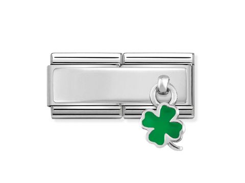 Silberner Charm-Anhänger mit einem grünen Kleeblatt, hergestellt von Nomination, Double Design, ideal für personalisierte Armbänder und Schmuck.