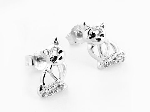 Katze Ohrstecker aus Silber mit rhodinierter Oberfläche, verziert mit weißen Zirkonia, in schwarzem Lackdesign, Hersteller Juwelier Harnisch, ideal für Kinder.