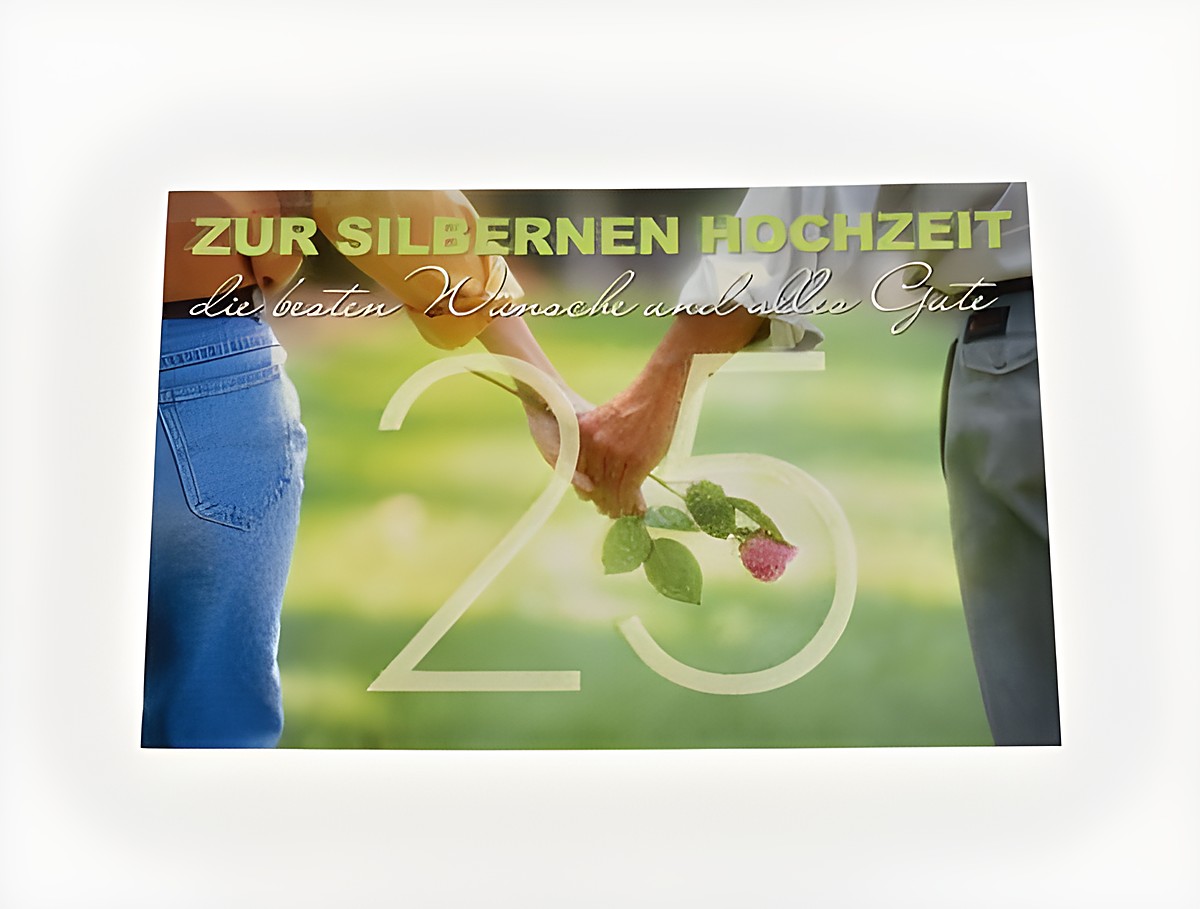 Hochzeitskarte Hand in Hand, mit dem Text zur Silbernen Hochzeit, die besten Wünsche und alles Gute, abgebildet werden zwei Hände, die eine Rose halten, sowie die Zahl 25.